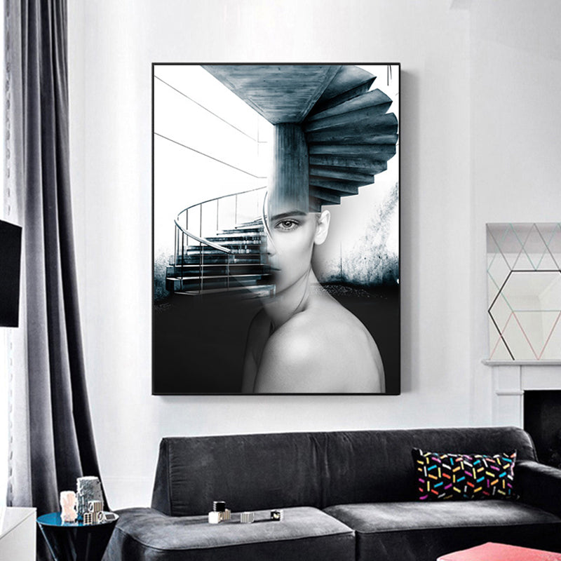 Girl and Stair Canvas Print Black Contemporary Wall Decor for Dining Room, Multiple Sizes