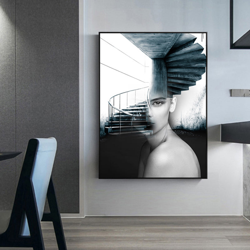 Girl and Stair Canvas Print Black Contemporary Wall Decor for Dining Room, Multiple Sizes