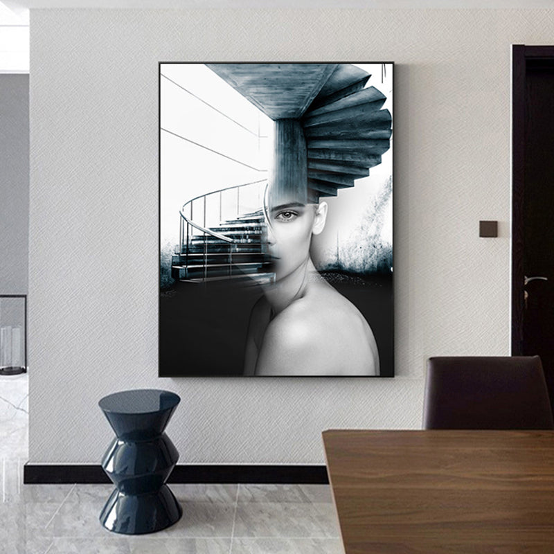 Girl and Stair Canvas Print Black Contemporary Wall Decor for Dining Room, Multiple Sizes