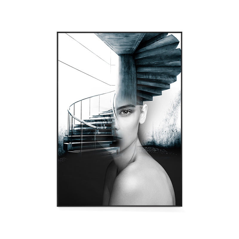 Girl and Stair Canvas Print Black Contemporary Wall Decor for Dining Room, Multiple Sizes