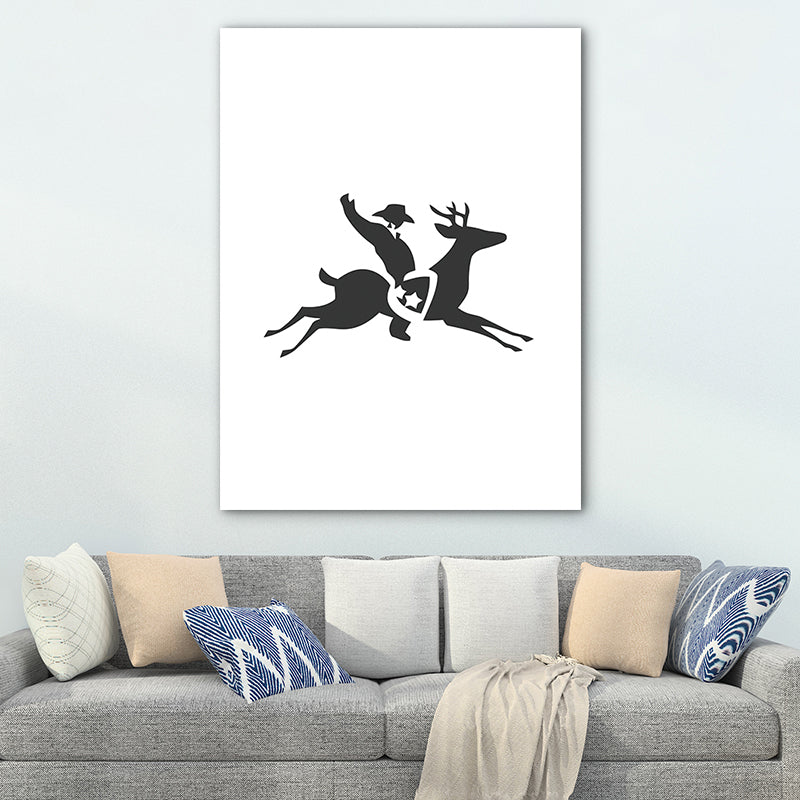 Reindeer Riding Man Canvas Print Sports Textured Wall Art in Black for Kids Room