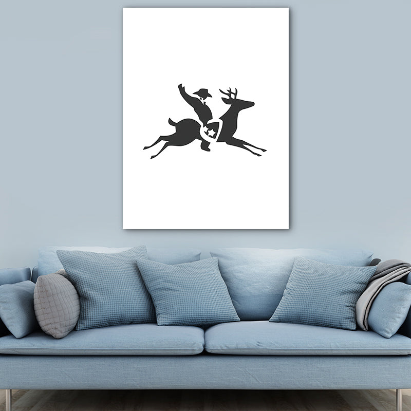 Reindeer Riding Man Canvas Print Sports Textured Wall Art in Black for Kids Room