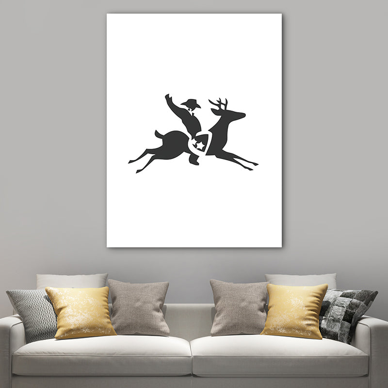 Reindeer Riding Man Canvas Print Sports Textured Wall Art in Black for Kids Room