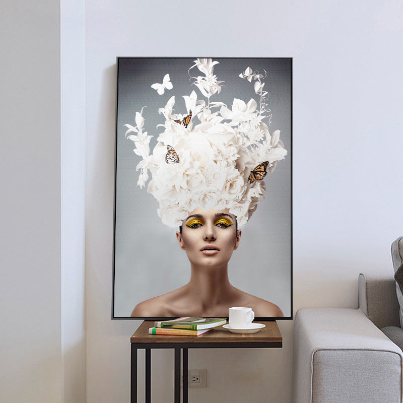 Glam Flower Hatted Maid Painting Canvas Beige Photography Wall Art Decor, Multiple Sizes