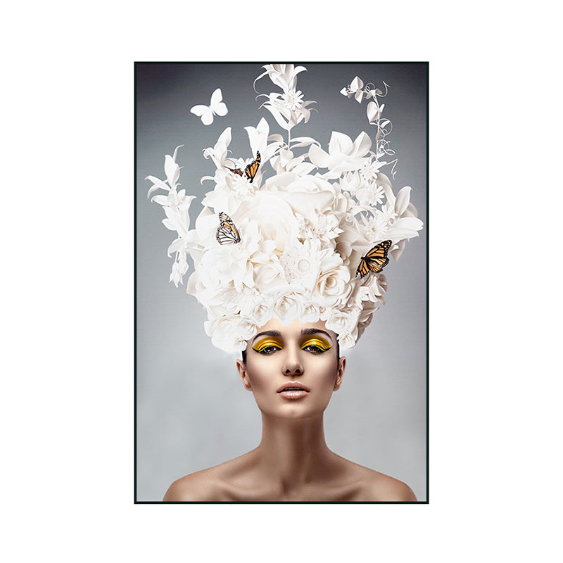 Glam Flower Hatted Maid Painting Canvas Beige Photography Wall Art Decor, Multiple Sizes