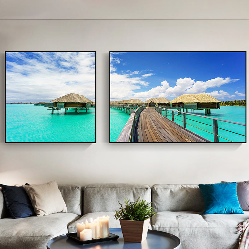 Tropics Sea Bridge Scenery Canvas Pastel Color Multi-Piece Wall Art Print for Living Room