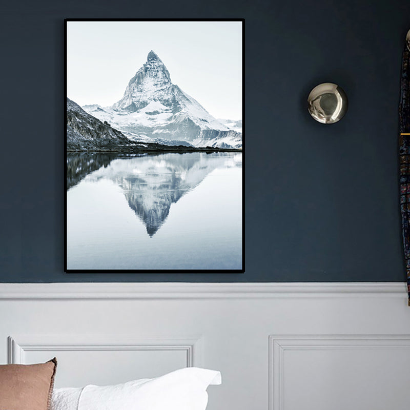 Grey Lakeside Snowy Mountain Canvas Landscape Modern Textured Wall Art Print for Room