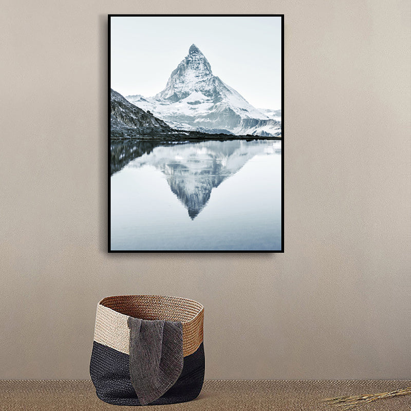 Grey Lakeside Snowy Mountain Canvas Landscape Modern Textured Wall Art Print for Room