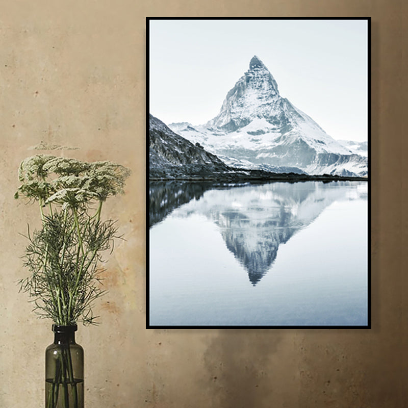 Grey Lakeside Snowy Mountain Canvas Landscape Modern Textured Wall Art Print for Room