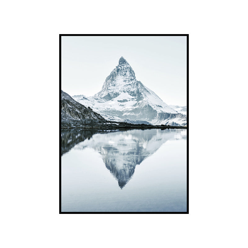 Grey Lakeside Snowy Mountain Canvas Landscape Modern Textured Wall Art Print for Room