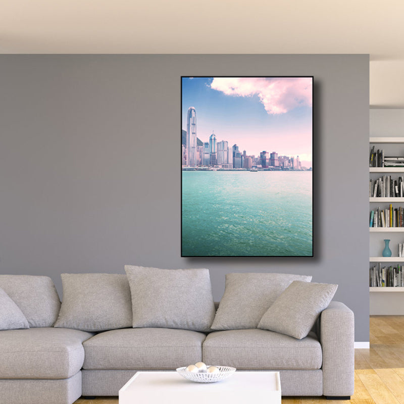 Seaside Skyscrapers Canvas Wall Art Textured Modern Style Bedroom Wall Decor in Blue