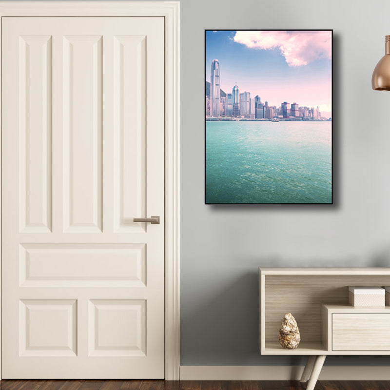 Seaside Skyscrapers Canvas Wall Art Textured Modern Style Bedroom Wall Decor in Blue