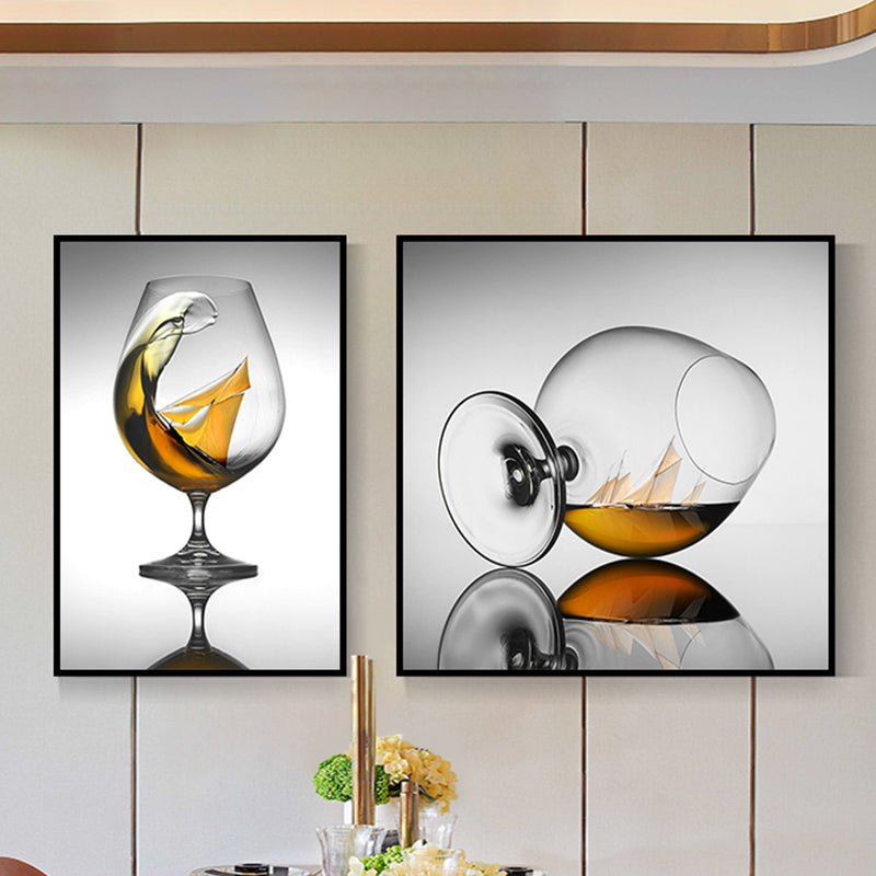 Wine Glasses Wall Art Modern Decent Drinks Canvas Print in Dark Color for Restaurant