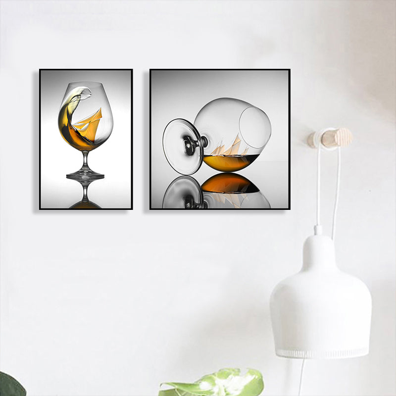 Wine Glasses Wall Art Modern Decent Drinks Canvas Print in Dark Color for Restaurant