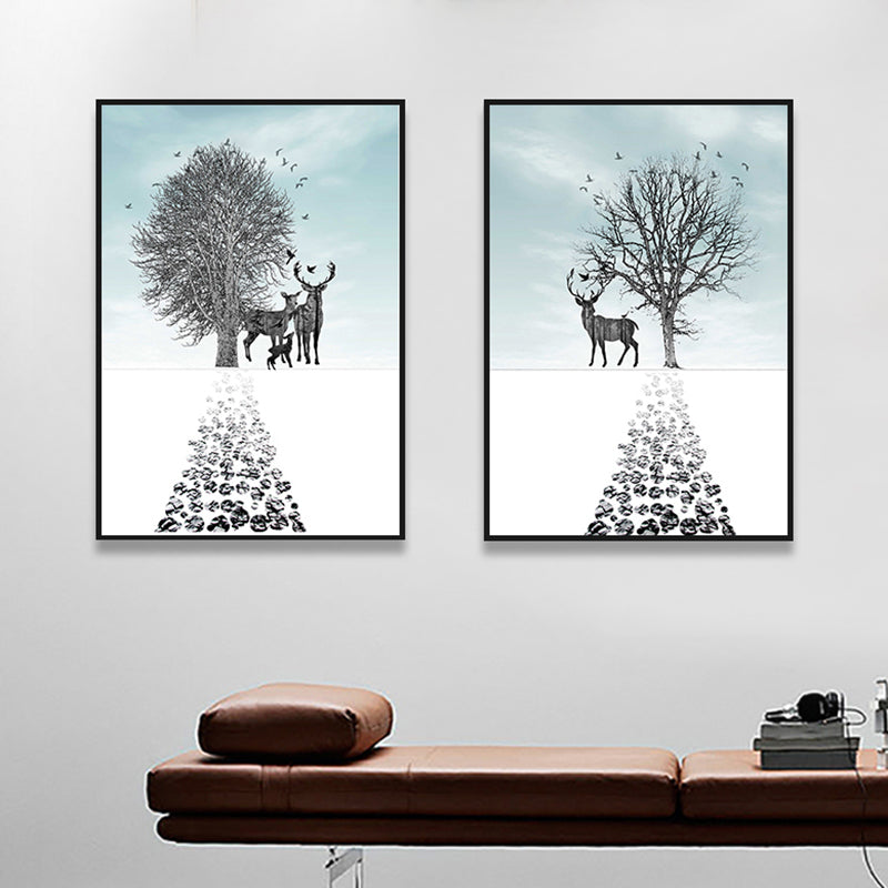 Illustration Deer Canvas Print Living Room Animal Wall Art in Pastel Color, Set of 2