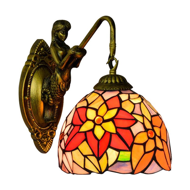 Orange Red Flower Wall Light Fixture Tiffany 1 Head Multicolor Stained Glass Sconce Light