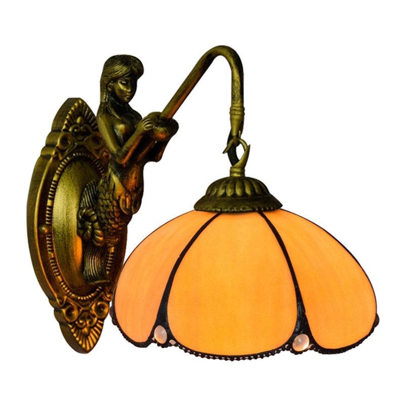 Antique Brass Petal Wall Light Fixture Tiffany 1 Head Yellow Glass Sconce Light with Mermaid Decoration