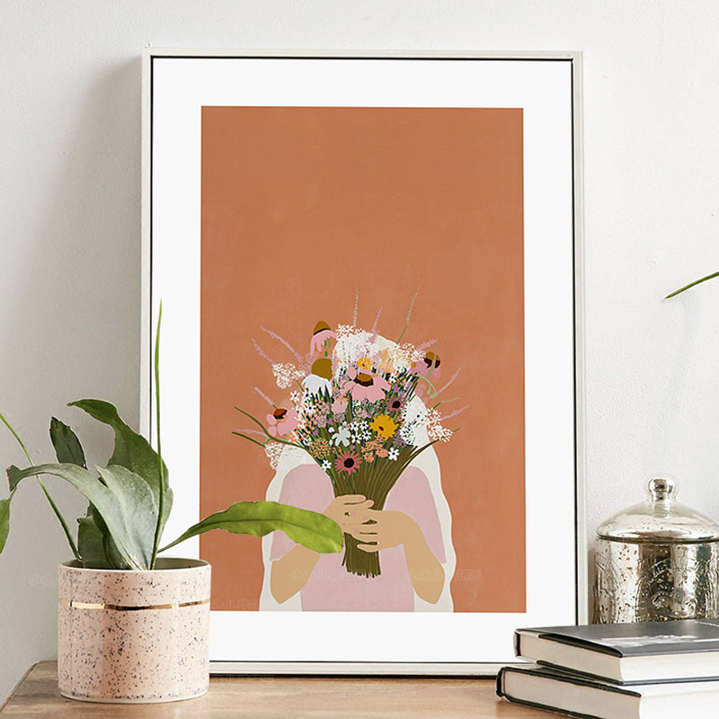 Girl Holding Bouquet Drawing Canvas Textured Nordic Bedroom Wall Art Print in Orange