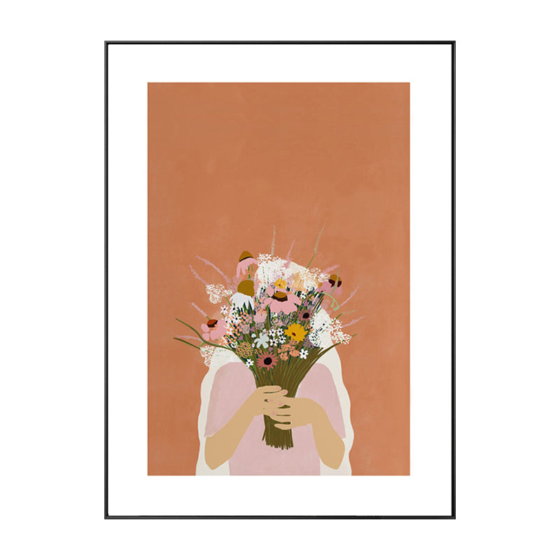 Girl Holding Bouquet Drawing Canvas Textured Nordic Bedroom Wall Art Print in Orange