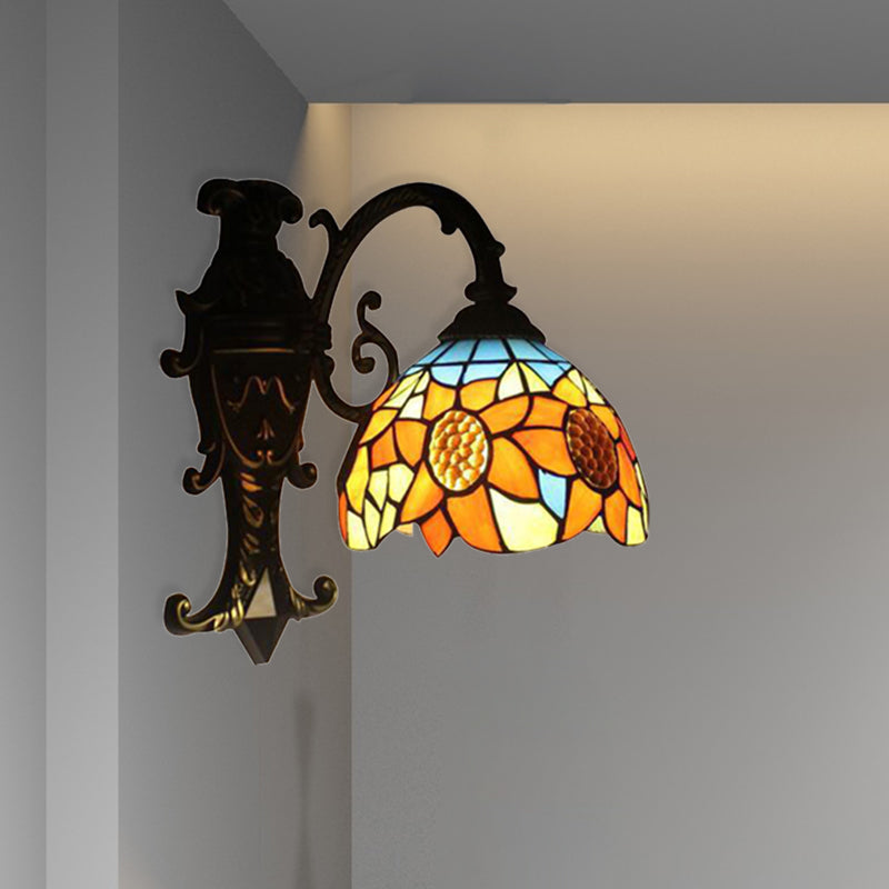 Rustic Tiffany Sunflower Sconce Lamp 1 Head Stained Glass Wall Light in Orange for Bedroom