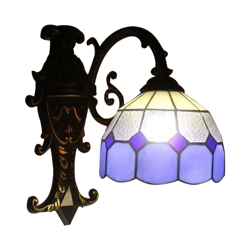 1 Light Grid Dome Wall Sconce Tiffany Vintage Glass Wall Light in Blue for Dining Room