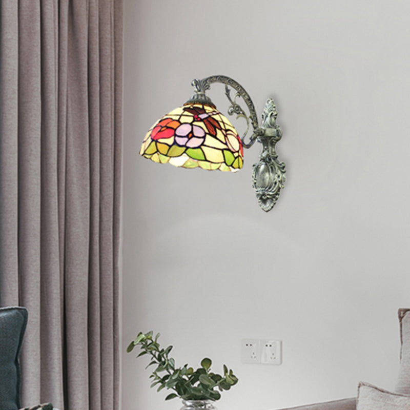 Carved Base Restaurant Wall Light with Petal Stained Glass 1 Light Tiffany Rustic Sconce Light