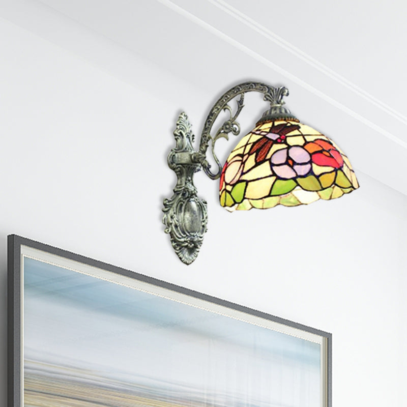 Carved Base Restaurant Wall Light with Petal Stained Glass 1 Light Tiffany Rustic Sconce Light