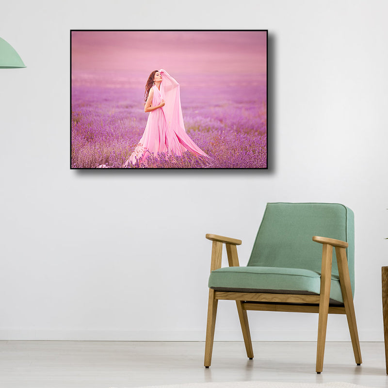 Pink Modern Style Canvas Print Photography Woman in Lavender Field Wall Art for Room