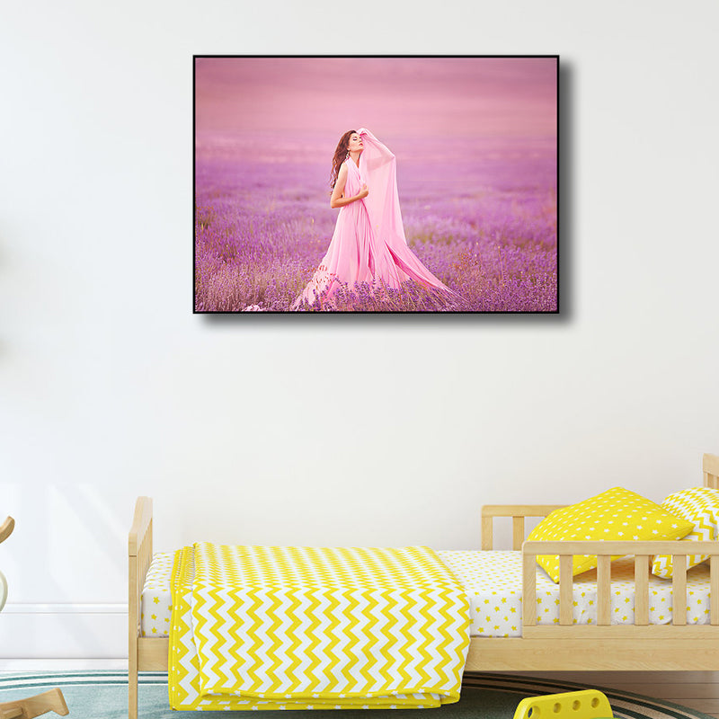 Pink Modern Style Canvas Print Photography Woman in Lavender Field Wall Art for Room