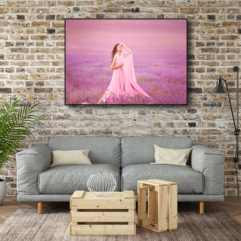 Pink Modern Style Canvas Print Photography Woman in Lavender Field Wall Art for Room