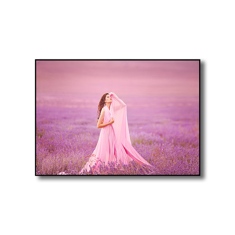 Pink Modern Style Canvas Print Photography Woman in Lavender Field Wall Art for Room