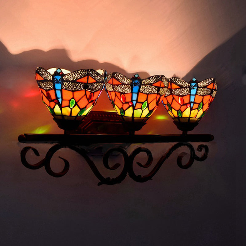 Stained Glass Dragonfly Wall Light Restaurant 3 Lights Tiffany Vintage Wall Lamp in Orange