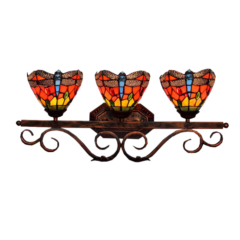 Stained Glass Dragonfly Wall Light Restaurant 3 Lights Tiffany Vintage Wall Lamp in Orange