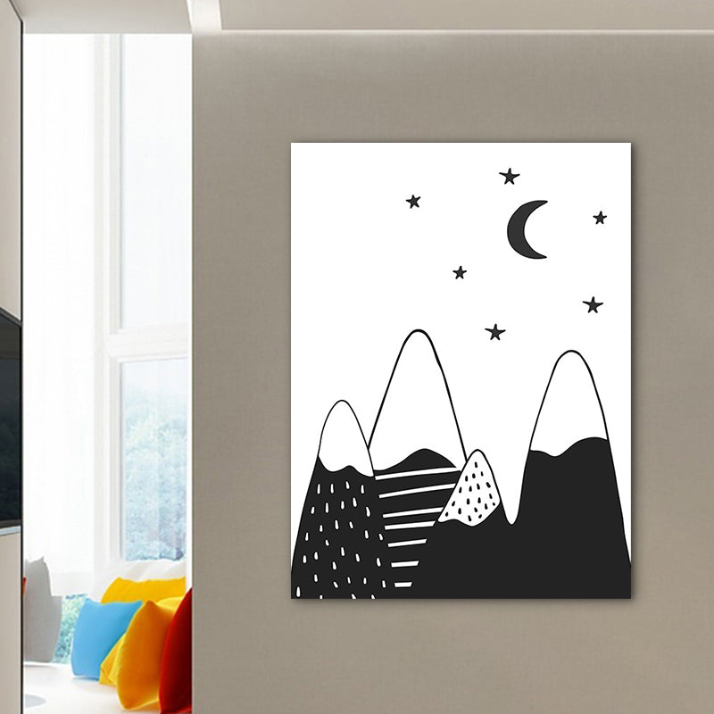 Mounts at Night Wall Art Print Nordic Textured Family Room Canvas in Black on White