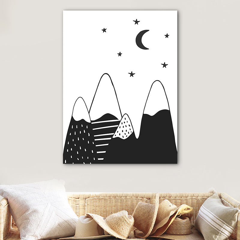 Mounts at Night Wall Art Print Nordic Textured Family Room Canvas in Black on White