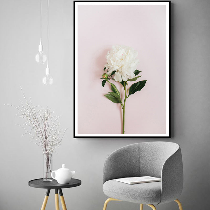 Blooming Peony Canvas Wall Art Textured Contemporary Girls Room Wall Decor in White-Pink