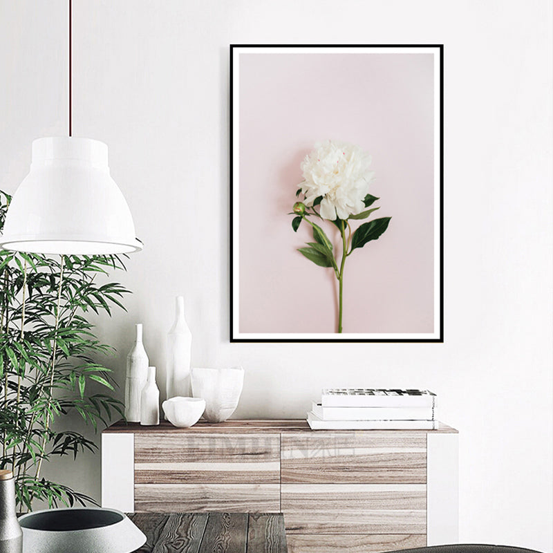 Blooming Peony Canvas Wall Art Textured Contemporary Girls Room Wall Decor in White-Pink