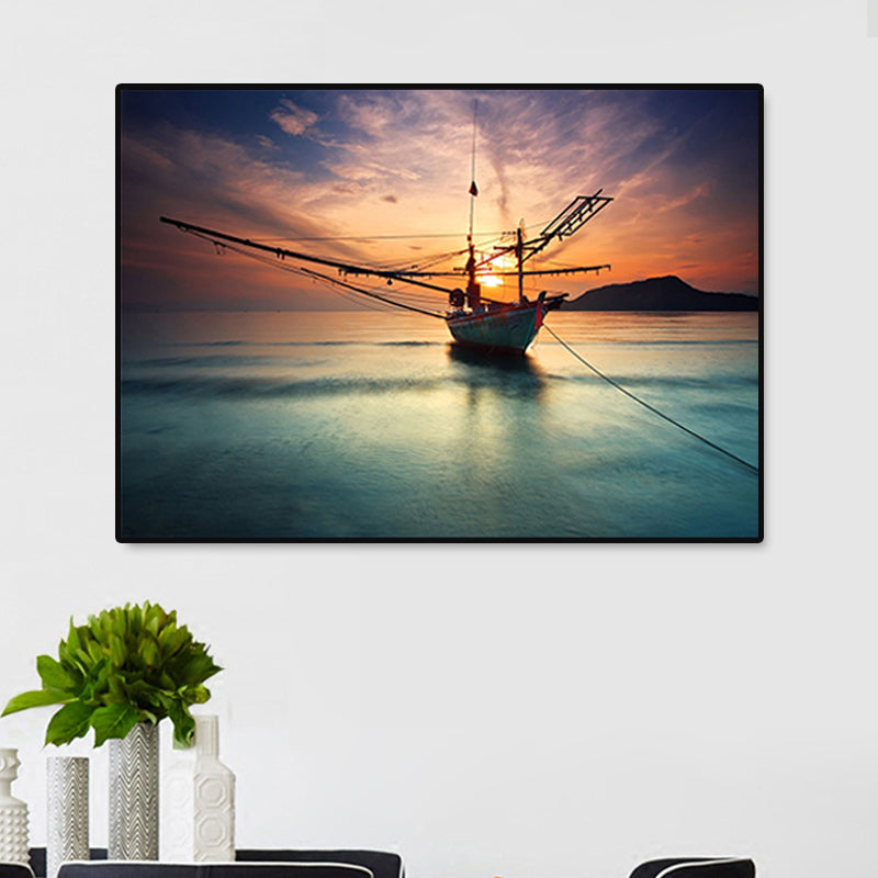 Sunset Glow Sailboat Canvas Print Modern Poetic Seascape Wall Art in Blue for Home