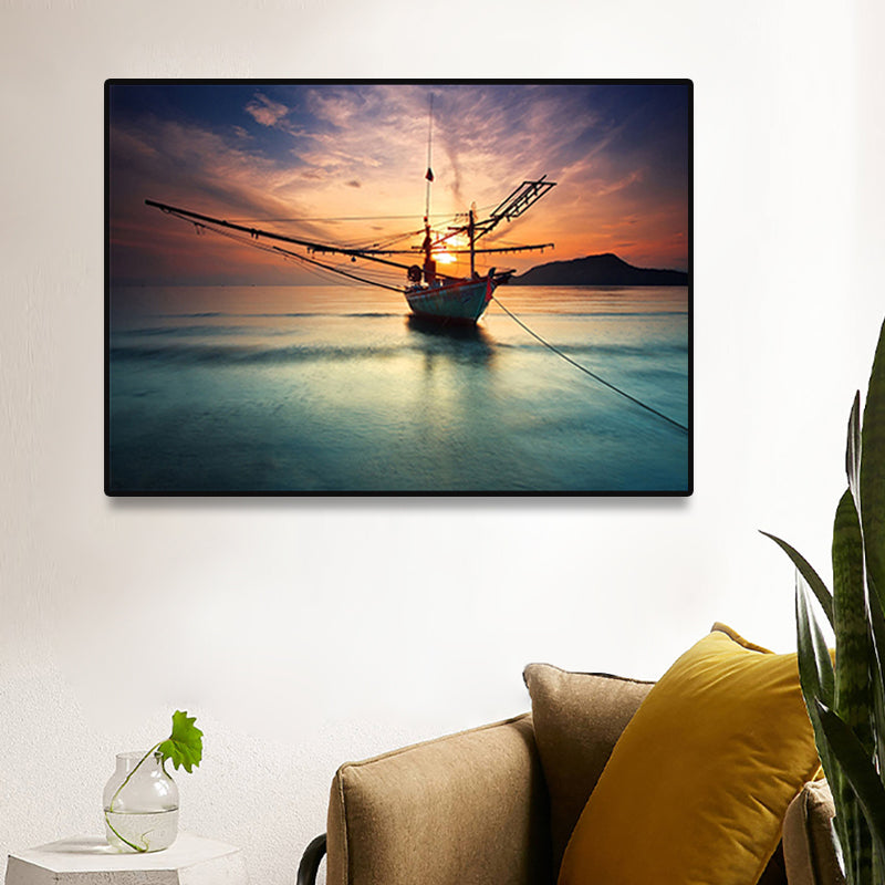 Sunset Glow Sailboat Canvas Print Modern Poetic Seascape Wall Art in Blue for Home