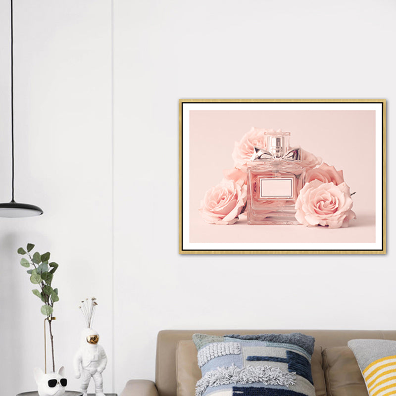 Pink Floral Perfume Canvas Print Photography Glam Style Textured Painting for Bedroom