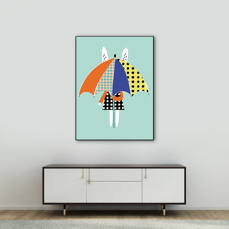 Nordic Rabbit with Umbrella Wall Art Blue Still Life Canvas Print for Dining Room