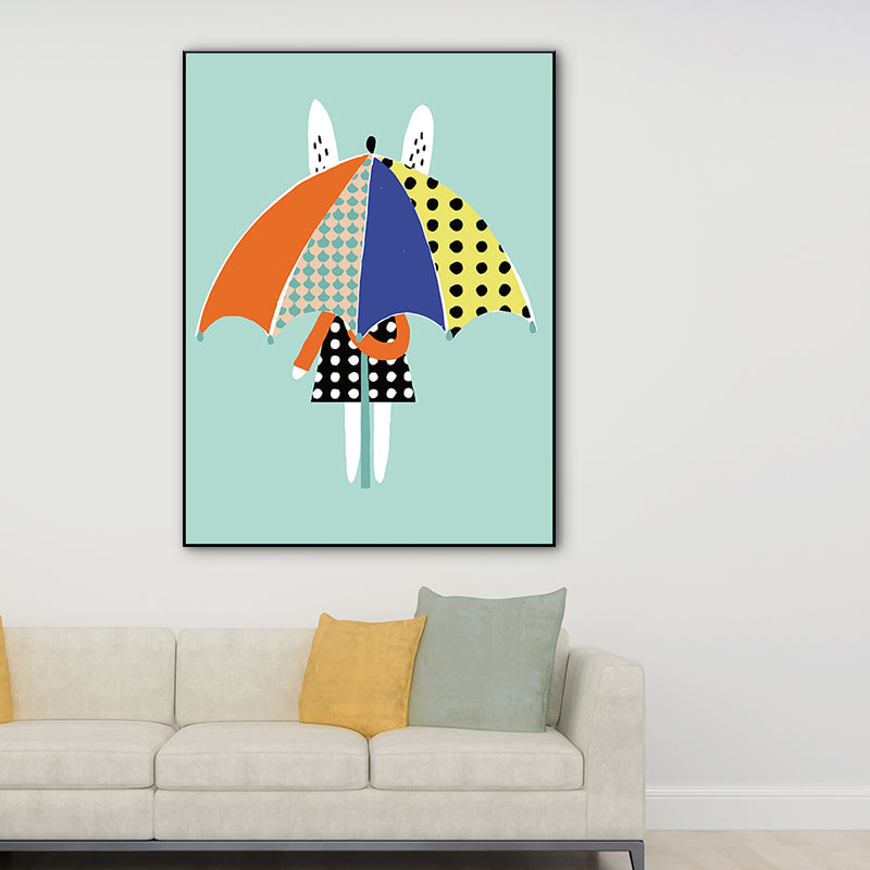 Nordic Rabbit with Umbrella Wall Art Blue Still Life Canvas Print for Dining Room