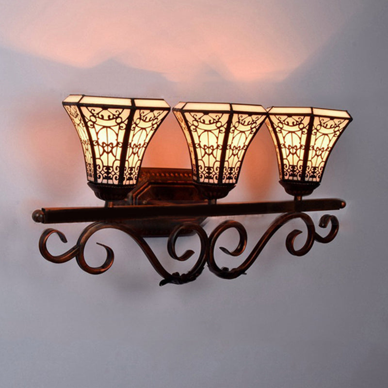 Glass Pattern Bell Sconce Light Study Room 3 Lights Tiffany Antique Wall Light in Beige