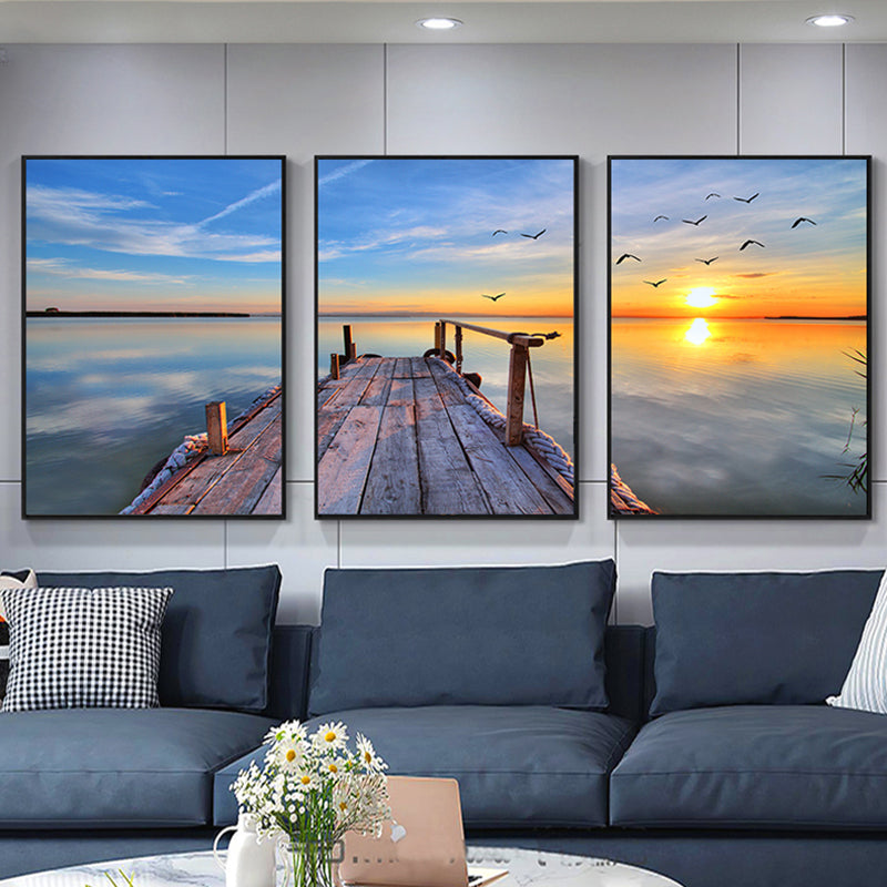 Multi-Piece Pastel Canvas Art Modern Photo Wooden Bridge to Sea Scene Wall Decor