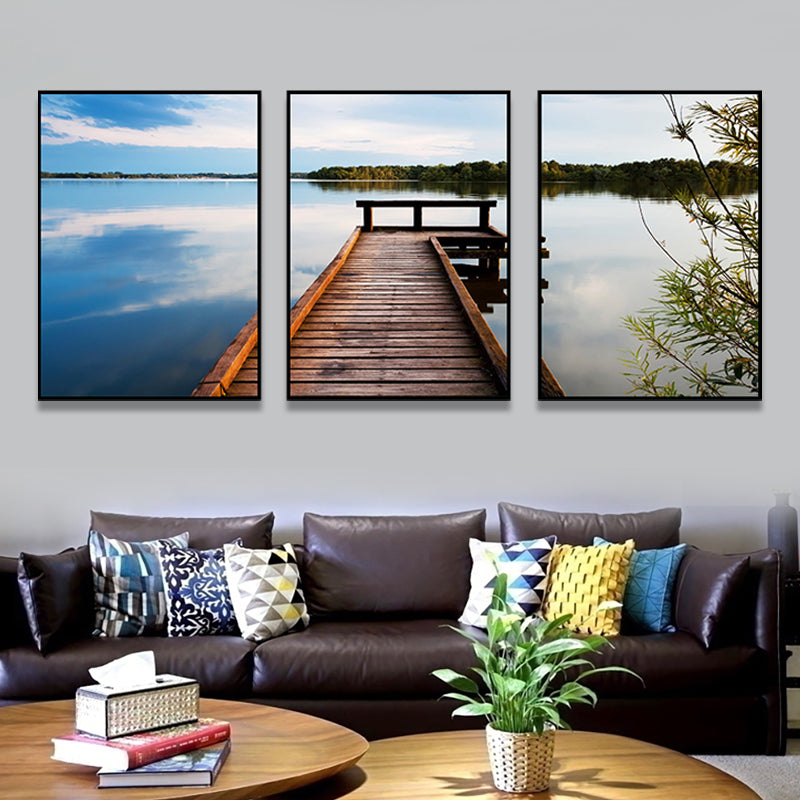 Multi-Piece Pastel Canvas Art Modern Photo Wooden Bridge to Sea Scene Wall Decor