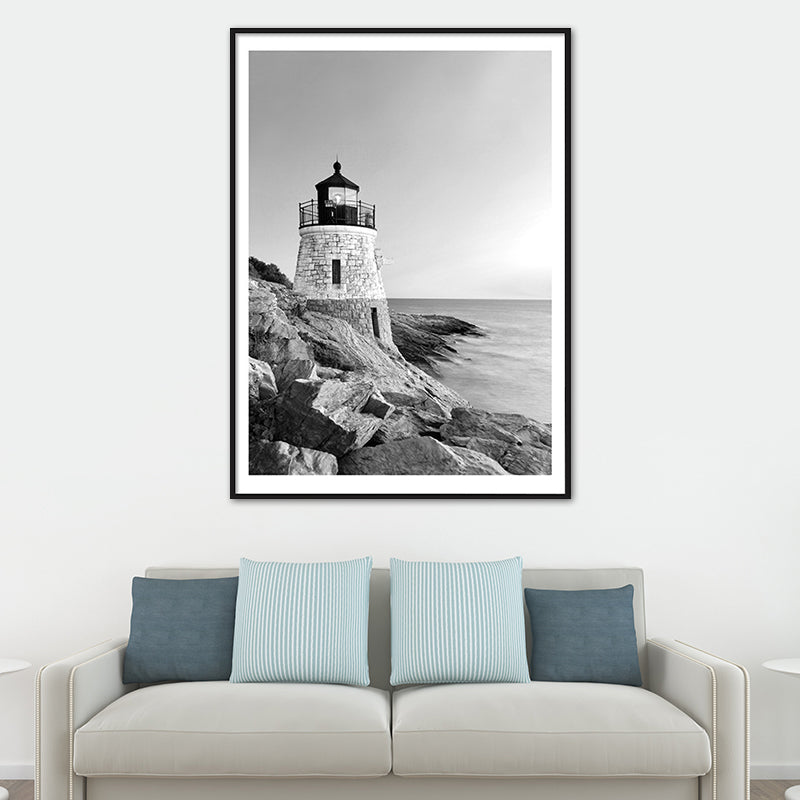 Vintage Seaside Lighthouse Art Print Canvas Gray Building Wall Decor, Multiple Sizes Available