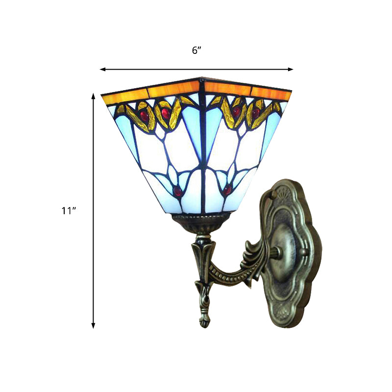 Pyramid Study Room Wall Light Stained Glass 1 Head Tiffany Victorian Sconce Lamp in Blue