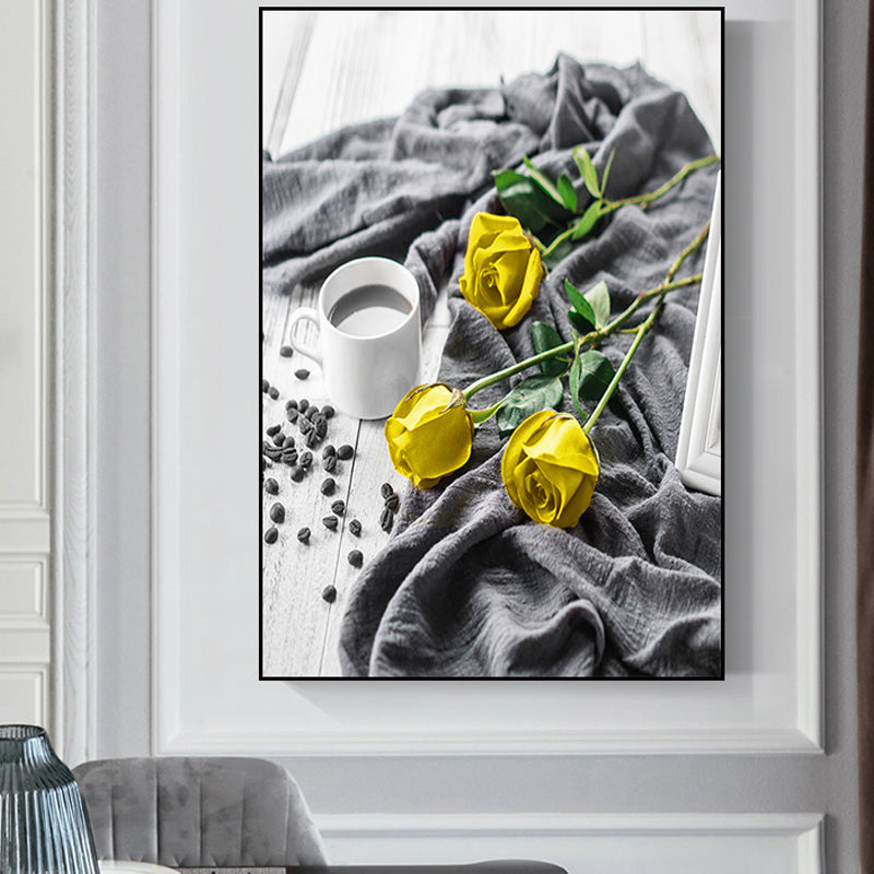 Yellow Rose and Coffee Canvas Still Life Modern Textured Wall Art for Dining Room