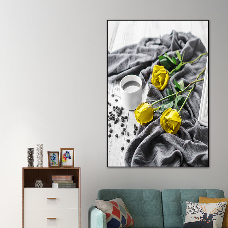 Yellow Rose and Coffee Canvas Still Life Modern Textured Wall Art for Dining Room