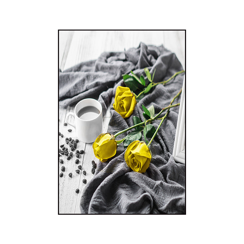 Yellow Rose and Coffee Canvas Still Life Modern Textured Wall Art for Dining Room